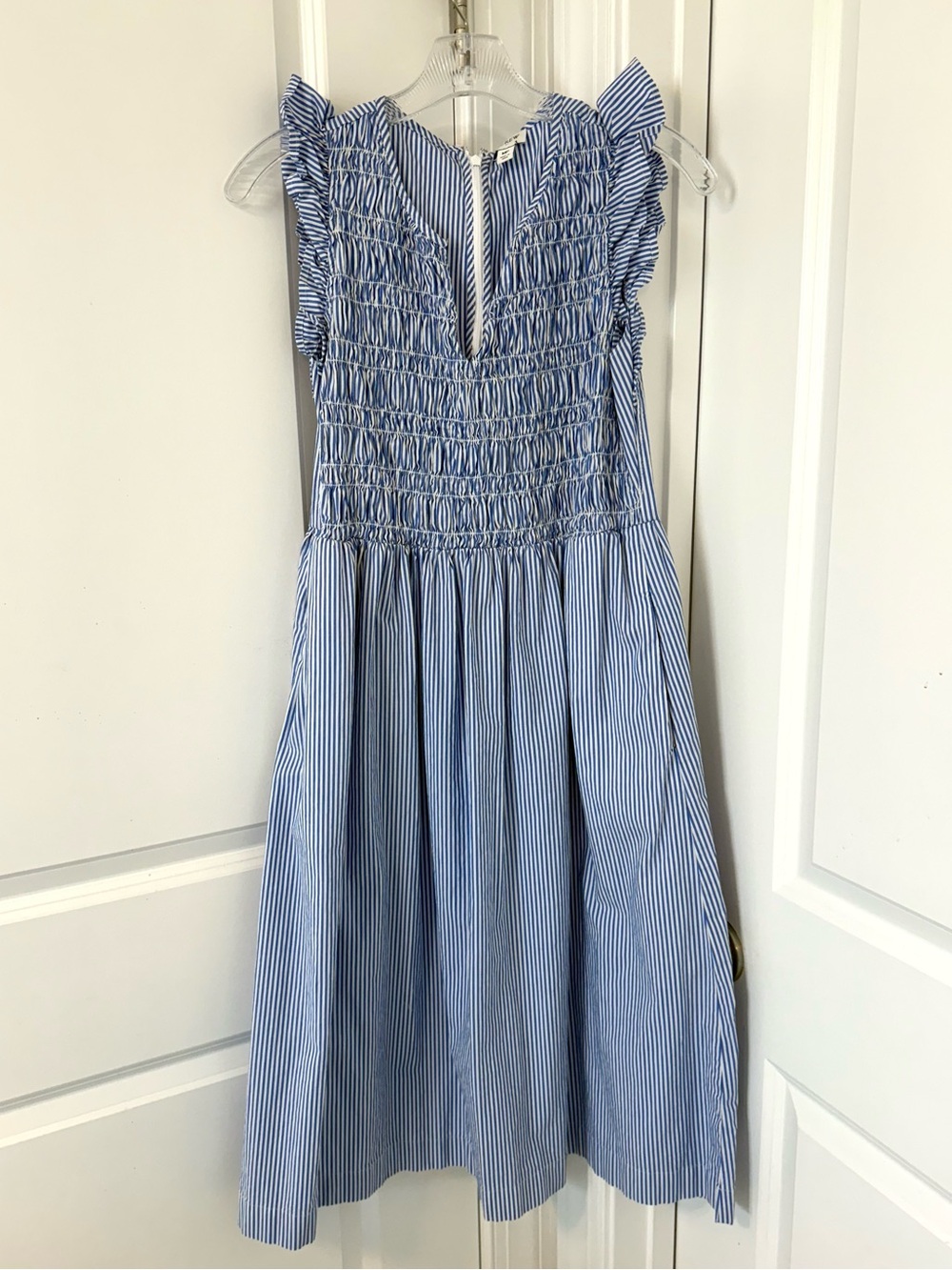 J.Crew Smocked Ruffle Cotton Stripe Midi Dress